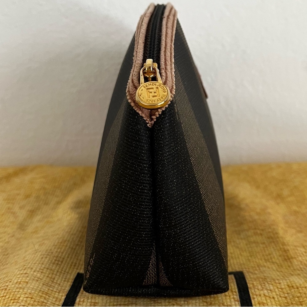 FENDI Pecan Striped Canvas Pouch Black Brown Gold COA 1980s Italy - Picture 7 of 17